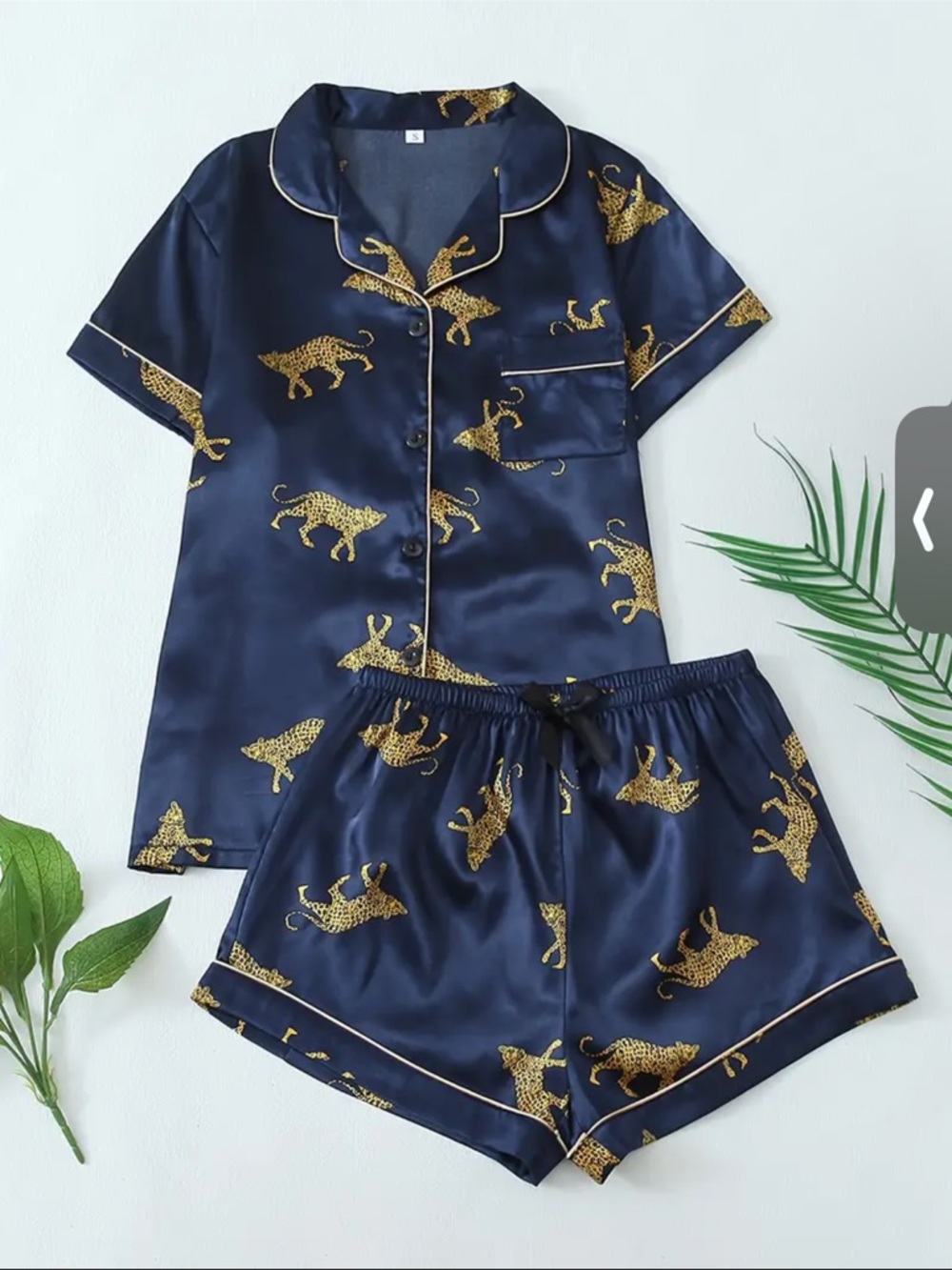 Satin Short Pajama Set in Navy with Gold Leopard Print